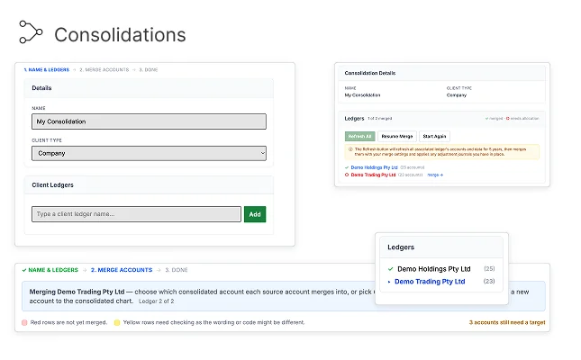 Consolidation wizard: naming a group, adding client ledgers and merging their accounts